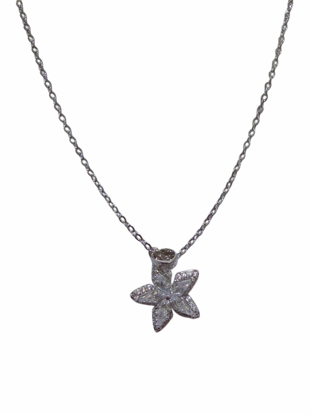 Hand Crafted Silver Floral Pendant Necklace with Clear Stones - Silver